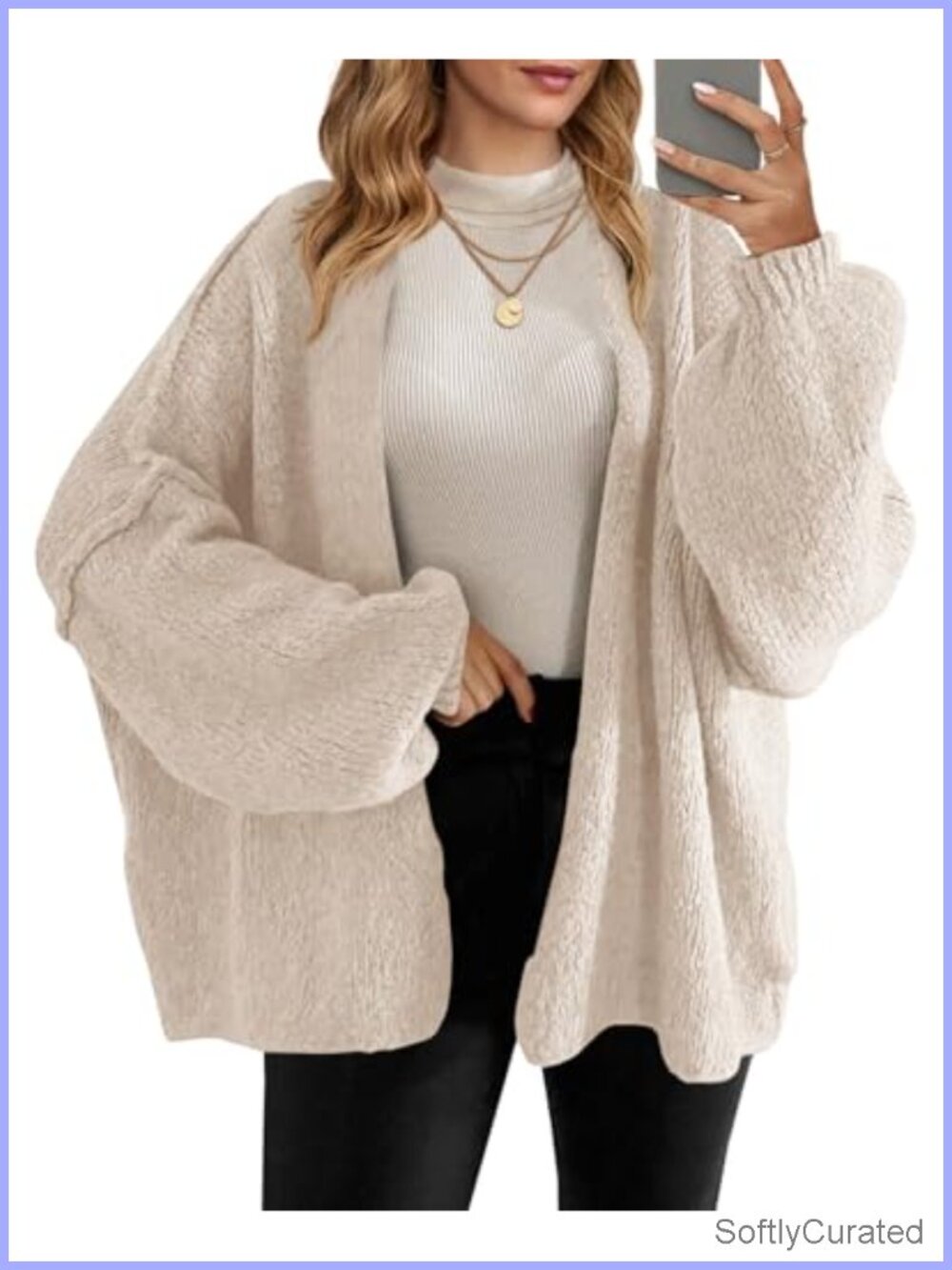 Oversized Open Front Cardigan Chunky Knit Lantern Sleeve Sweater